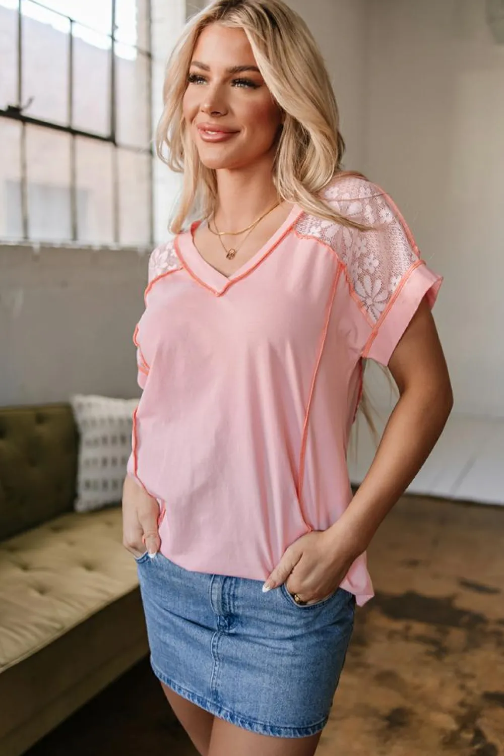 Online Dear-Lover Lace Patchwork Exposed Seam V Neck T Shirt Light Pink