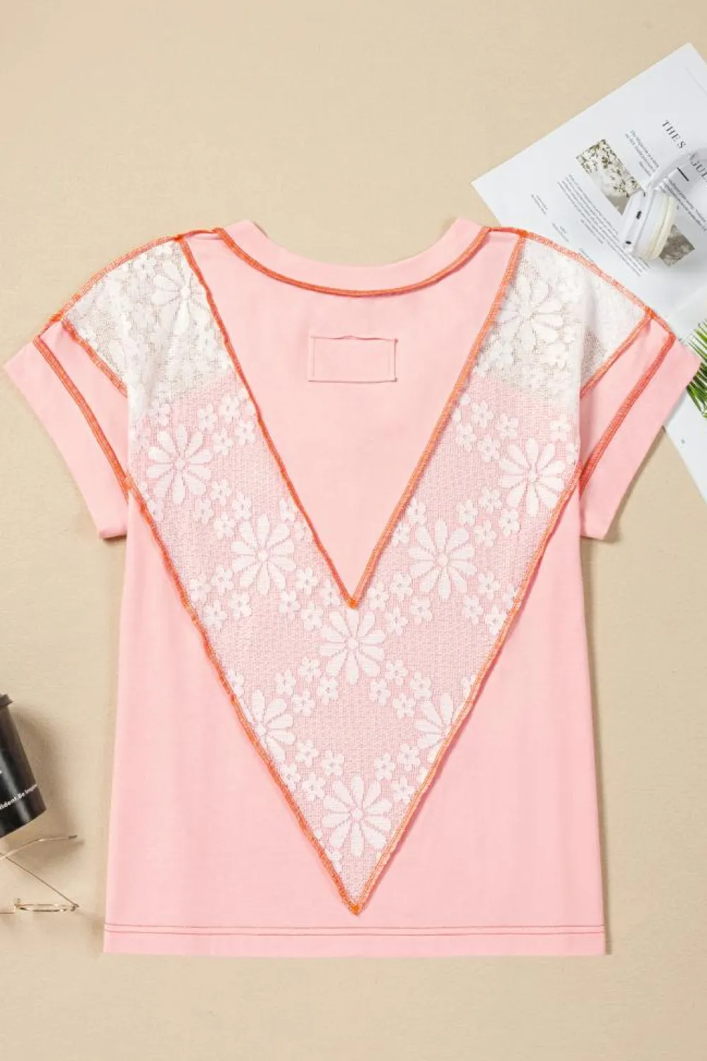 Online Dear-Lover Lace Patchwork Exposed Seam V Neck T Shirt Light Pink