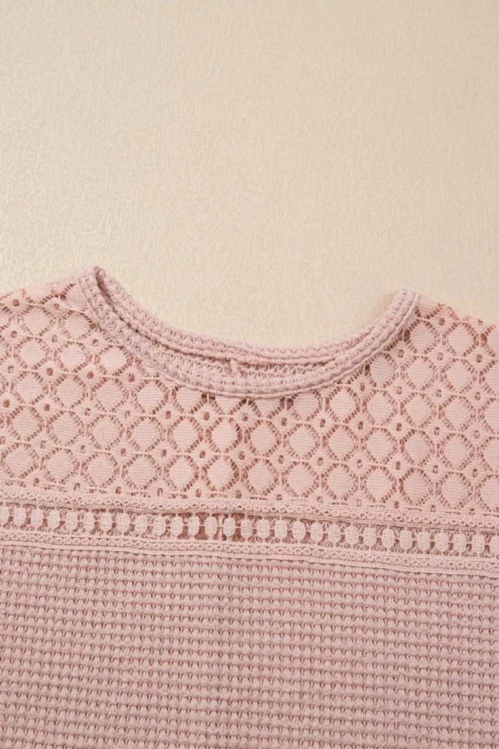 Best Dear-Lover Lace Patchwork Waffle Short Sleeve Top Light Pink