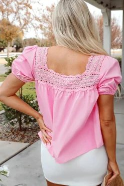 New Dear-Lover Lace Square Neck Patchwork Puff Sleeve Blouse Light Pink