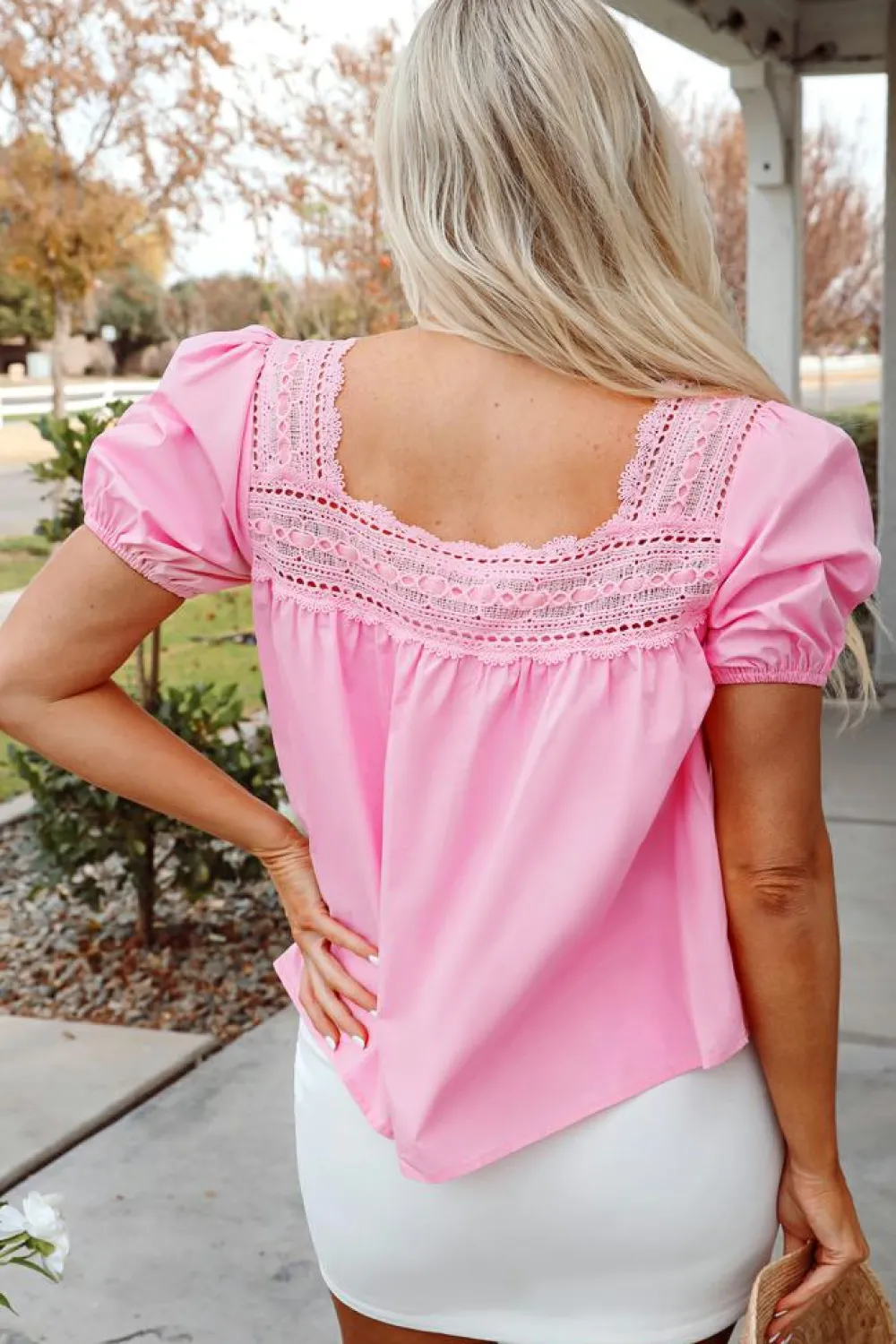 New Dear-Lover Lace Square Neck Patchwork Puff Sleeve Blouse Light Pink