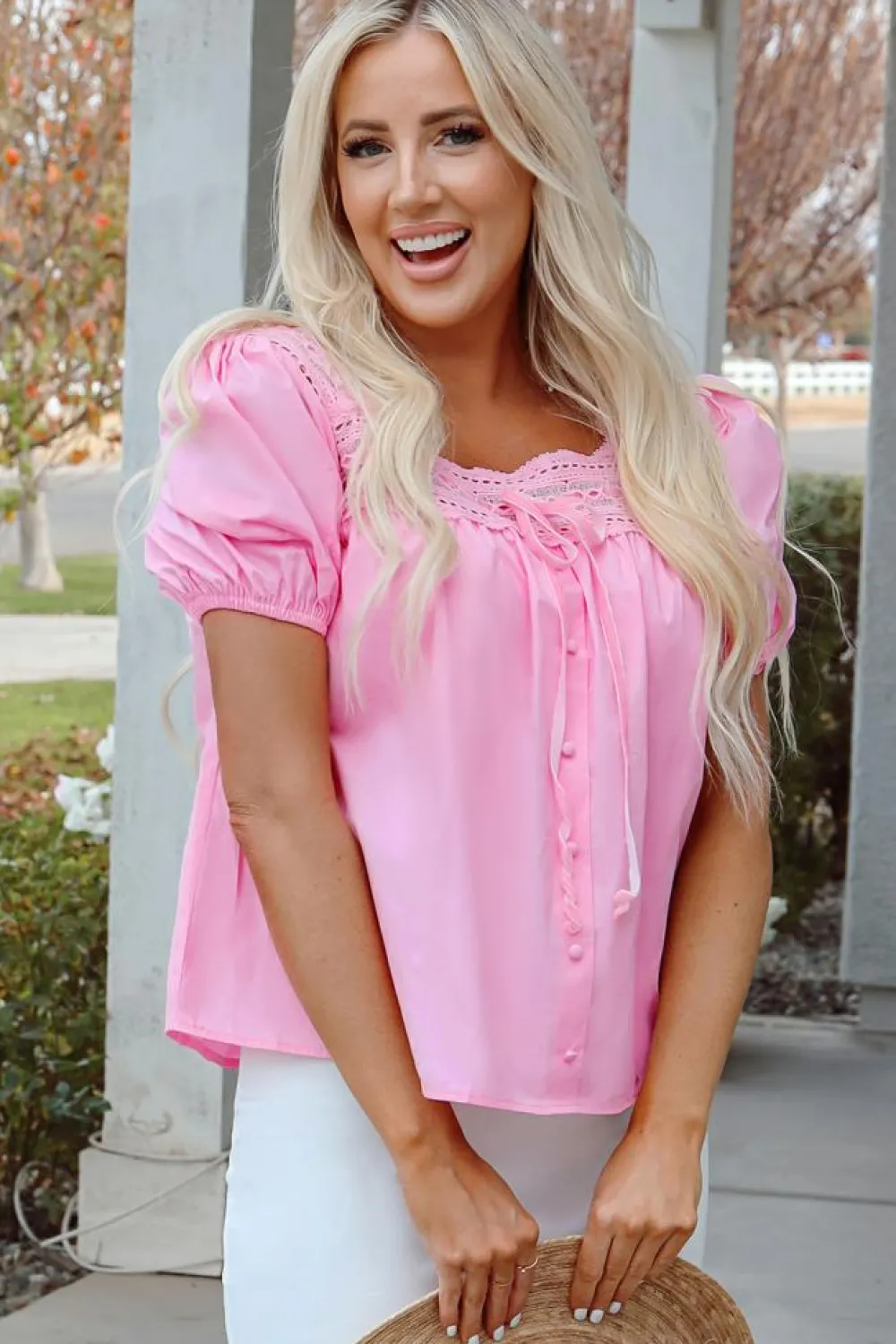New Dear-Lover Lace Square Neck Patchwork Puff Sleeve Blouse Light Pink