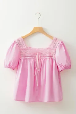 New Dear-Lover Lace Square Neck Patchwork Puff Sleeve Blouse Light Pink