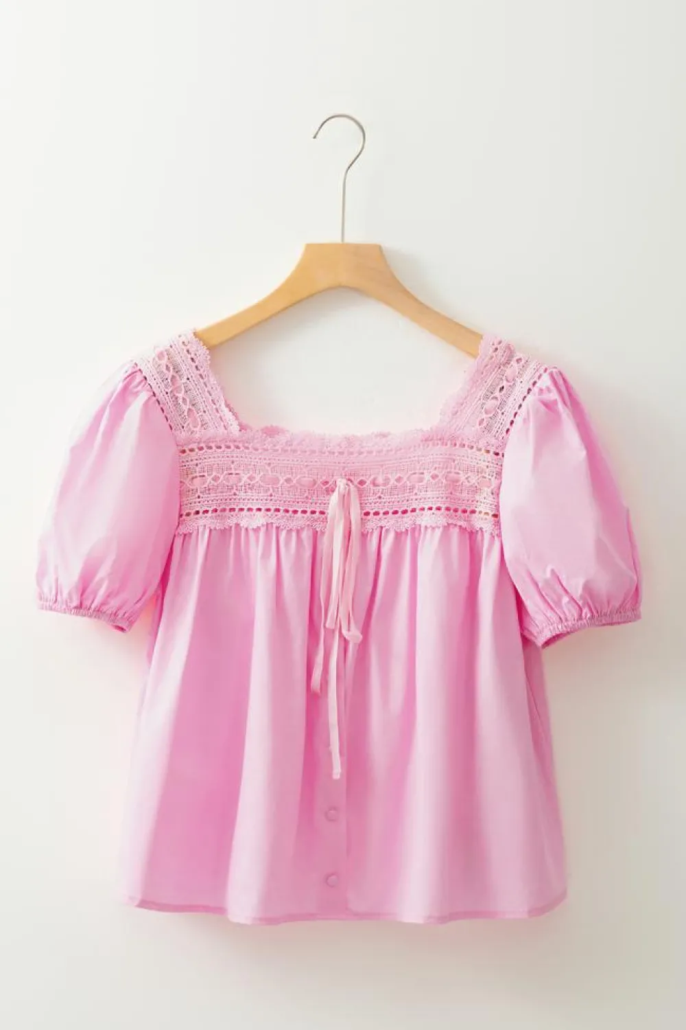 New Dear-Lover Lace Square Neck Patchwork Puff Sleeve Blouse Light Pink