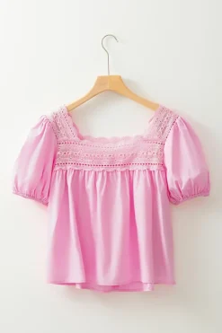 New Dear-Lover Lace Square Neck Patchwork Puff Sleeve Blouse Light Pink