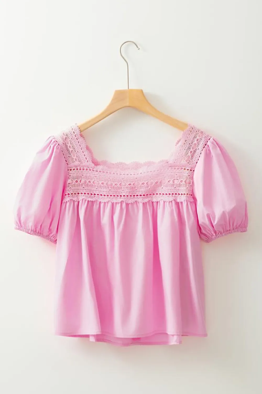 New Dear-Lover Lace Square Neck Patchwork Puff Sleeve Blouse Light Pink