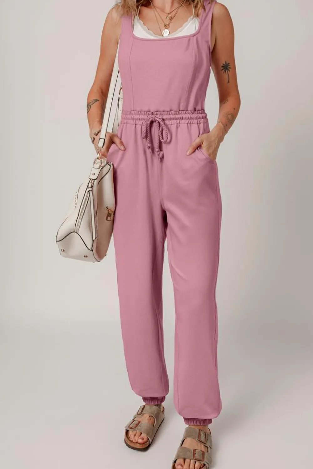 Online Dear-Lover Lace-up Elastic Waist Sleeveless Square Neck Jumpsuit Light Pink