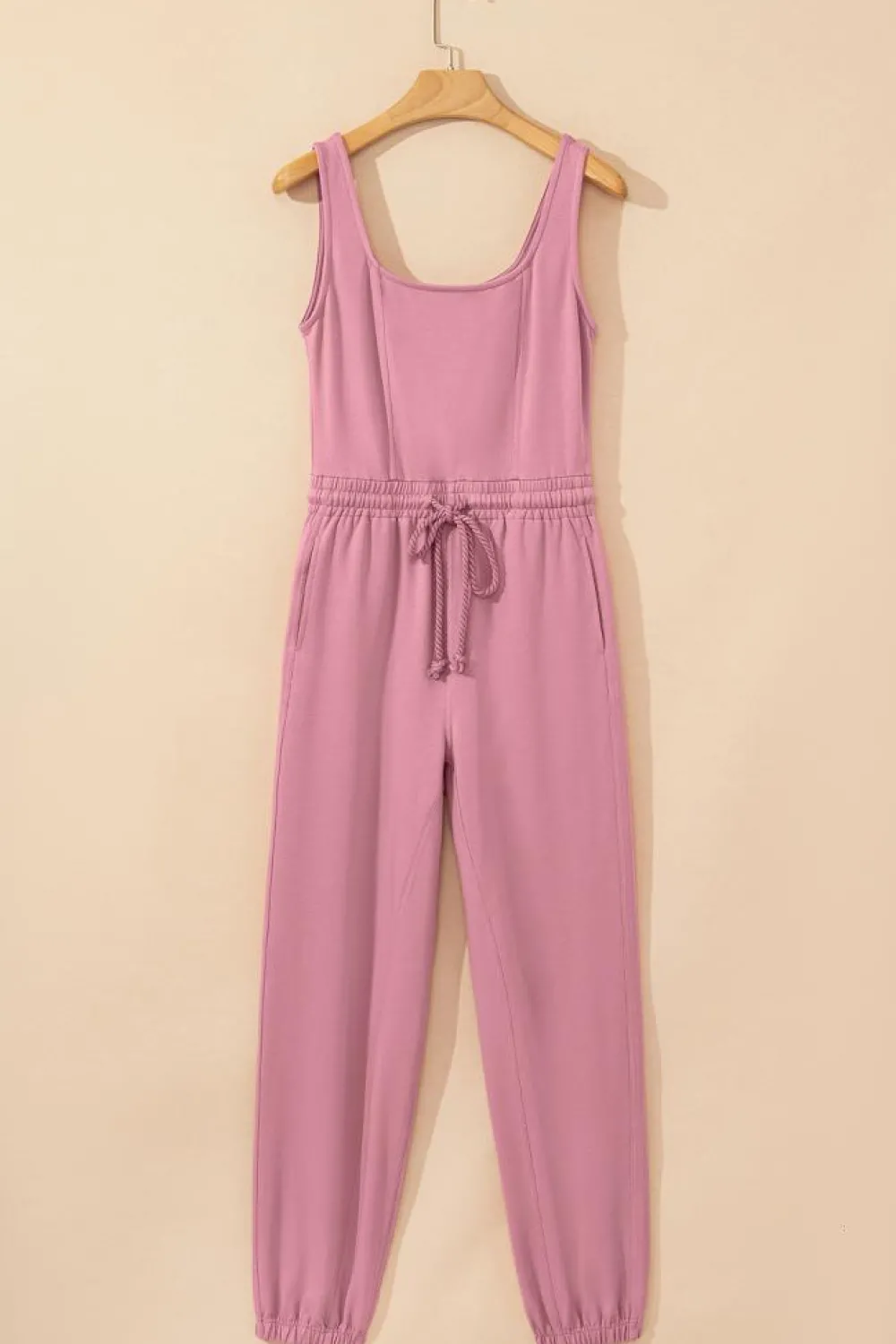 Online Dear-Lover Lace-up Elastic Waist Sleeveless Square Neck Jumpsuit Light Pink