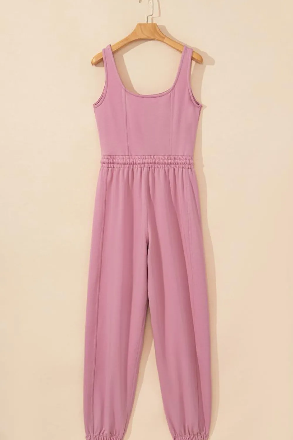 Online Dear-Lover Lace-up Elastic Waist Sleeveless Square Neck Jumpsuit Light Pink