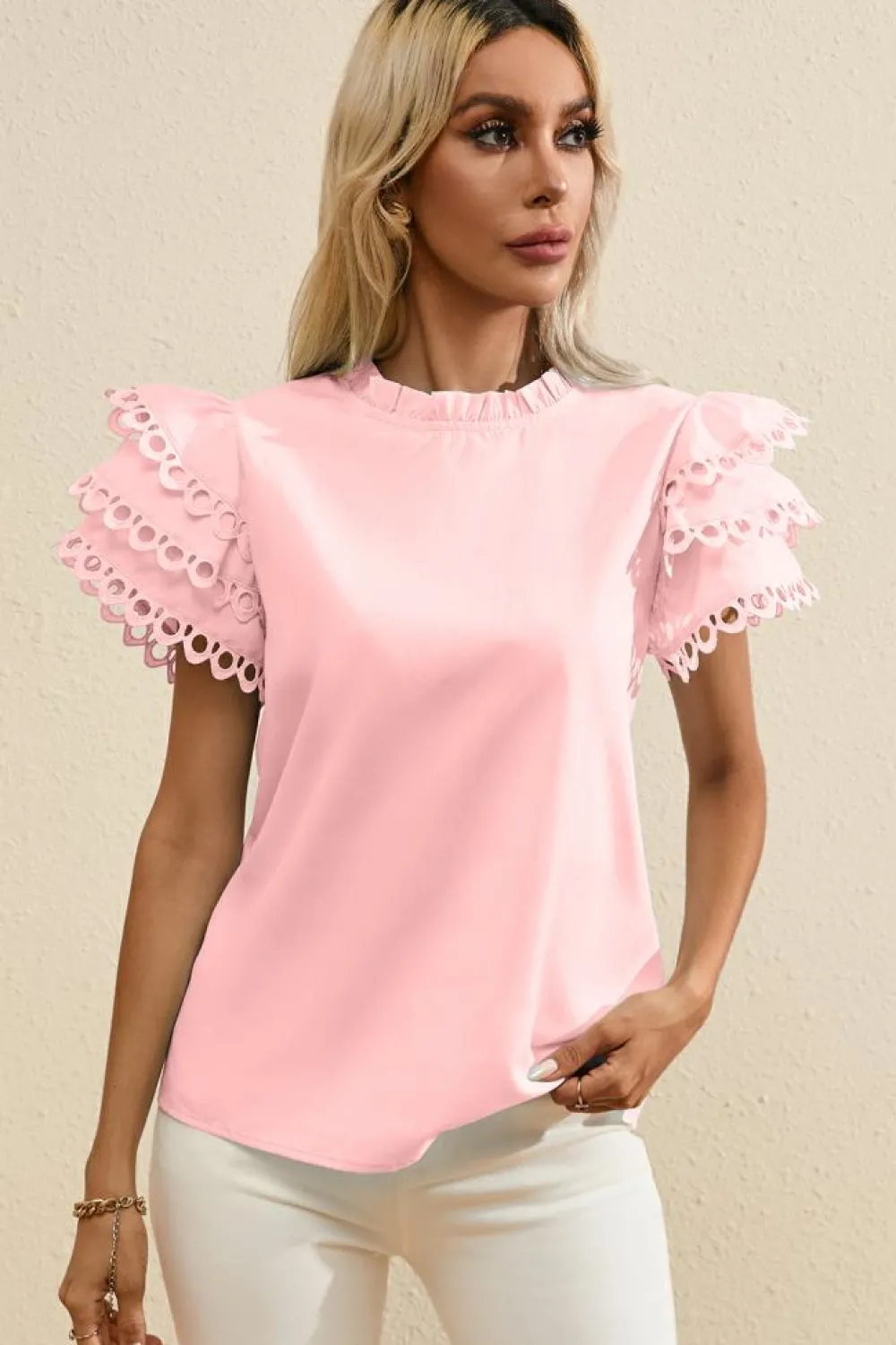 Fashion Dear-Lover Layered Ric Rac Cap Sleeve Frilled Neck Blouse Light Pink