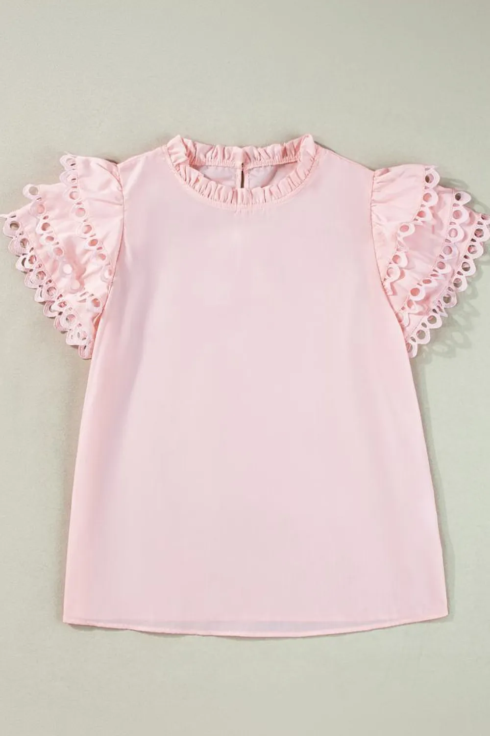 Fashion Dear-Lover Layered Ric Rac Cap Sleeve Frilled Neck Blouse Light Pink