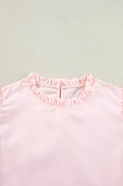 Fashion Dear-Lover Layered Ric Rac Cap Sleeve Frilled Neck Blouse Light Pink