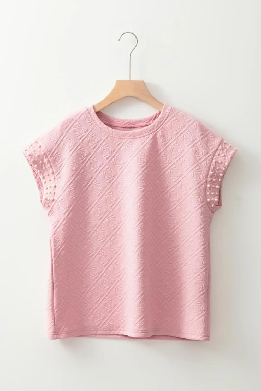 New Dear-Lover Pearl Embellished Flower Textured T Shirt Light Pink