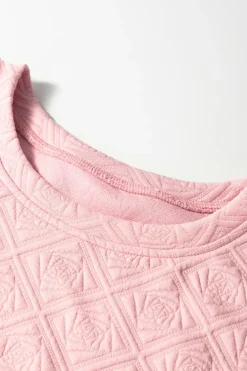 New Dear-Lover Pearl Embellished Flower Textured T Shirt Light Pink