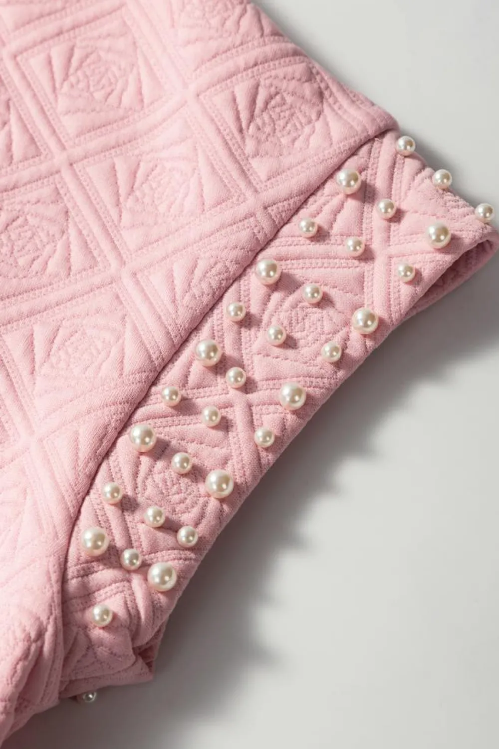 New Dear-Lover Pearl Embellished Flower Textured T Shirt Light Pink