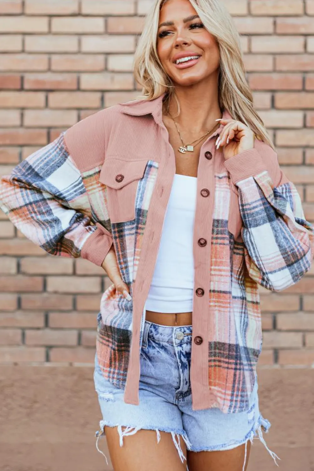 Outlet Dear-Lover Plaid Corduroy Patchwork Chest Pocket Shacket Light Pink