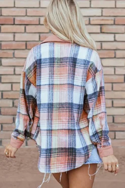 Outlet Dear-Lover Plaid Corduroy Patchwork Chest Pocket Shacket Light Pink