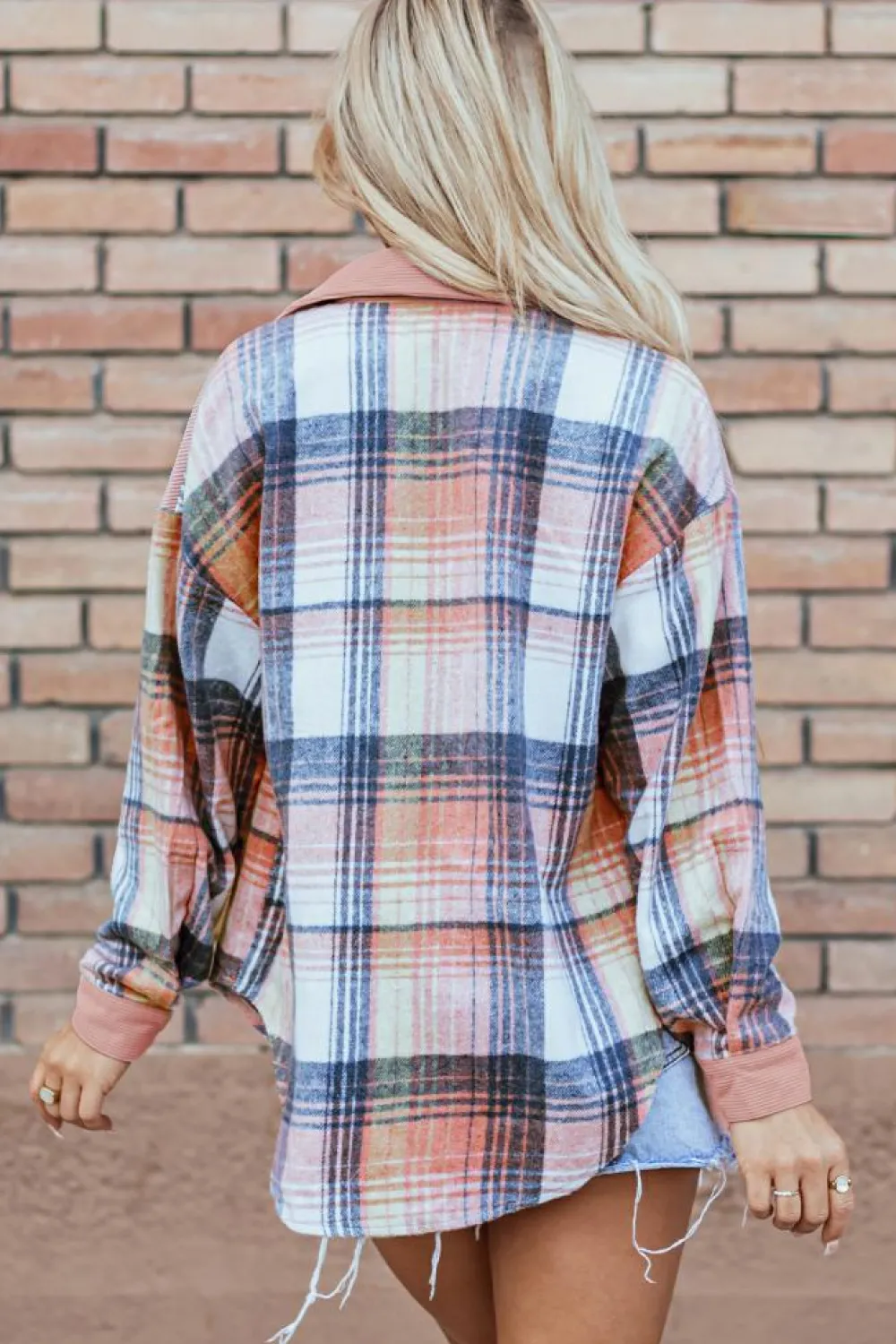 Outlet Dear-Lover Plaid Corduroy Patchwork Chest Pocket Shacket Light Pink