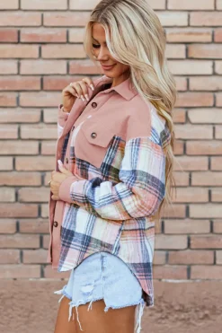Outlet Dear-Lover Plaid Corduroy Patchwork Chest Pocket Shacket Light Pink