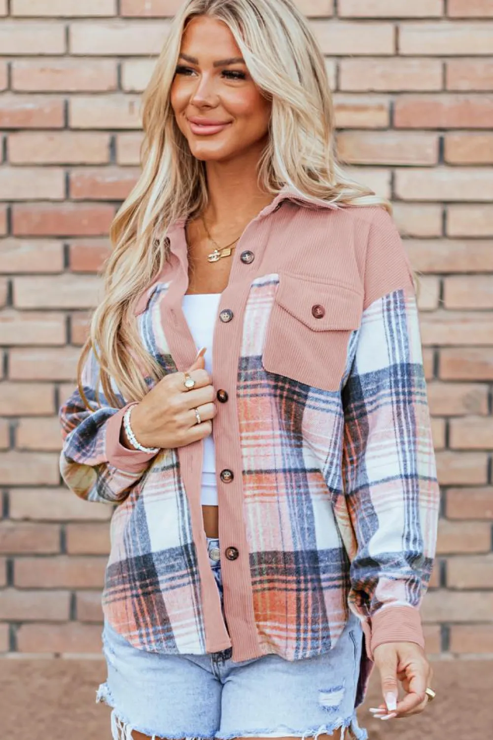 Outlet Dear-Lover Plaid Corduroy Patchwork Chest Pocket Shacket Light Pink