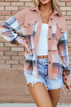 Outlet Dear-Lover Plaid Corduroy Patchwork Chest Pocket Shacket Light Pink
