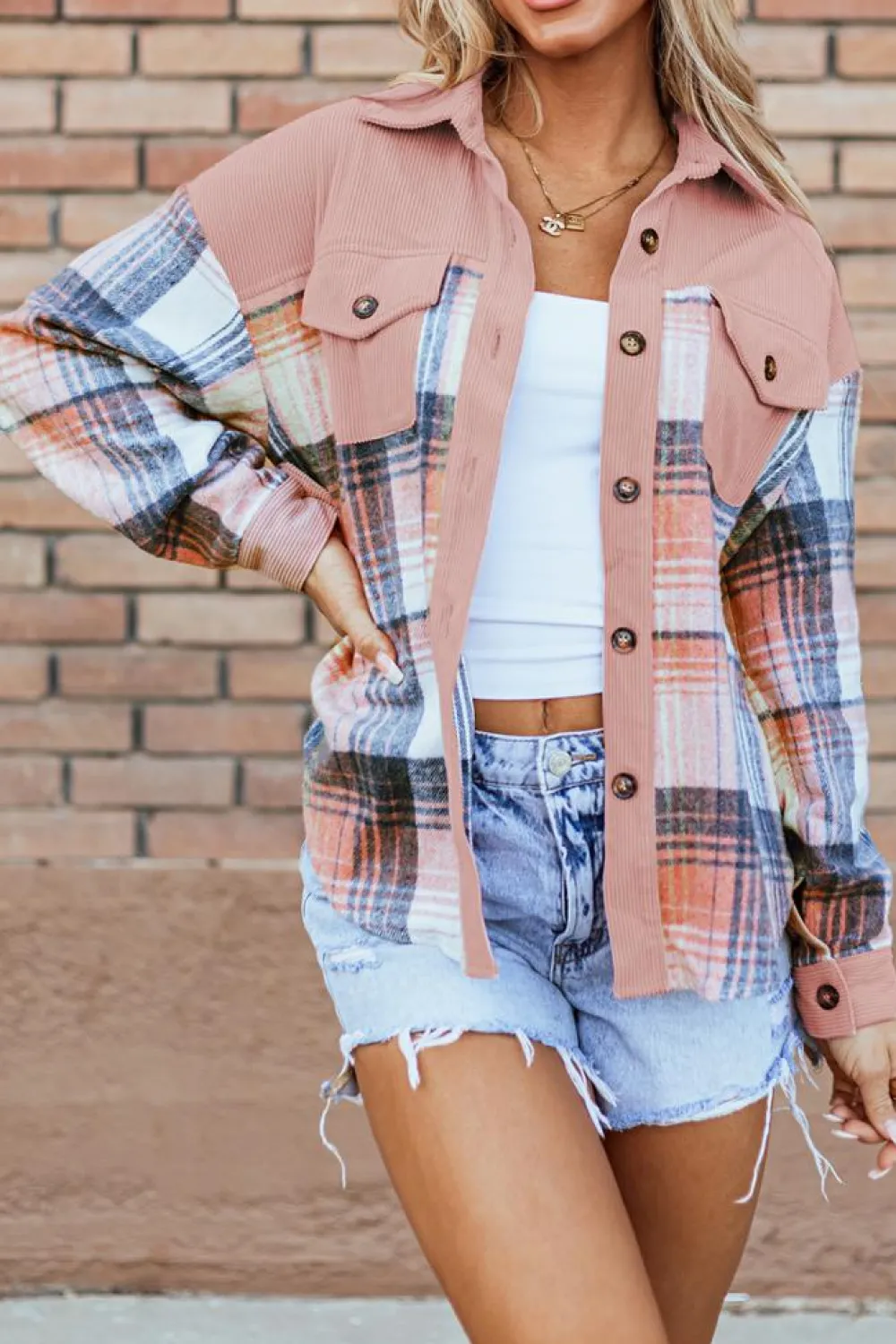 Outlet Dear-Lover Plaid Corduroy Patchwork Chest Pocket Shacket Light Pink