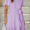 New Dear-Lover Pleated Round Neck Butterfly Sleeve Ruffle Trim Belted Mini Dress Light Pink