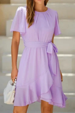 New Dear-Lover Pleated Round Neck Butterfly Sleeve Ruffle Trim Belted Mini Dress Light Pink