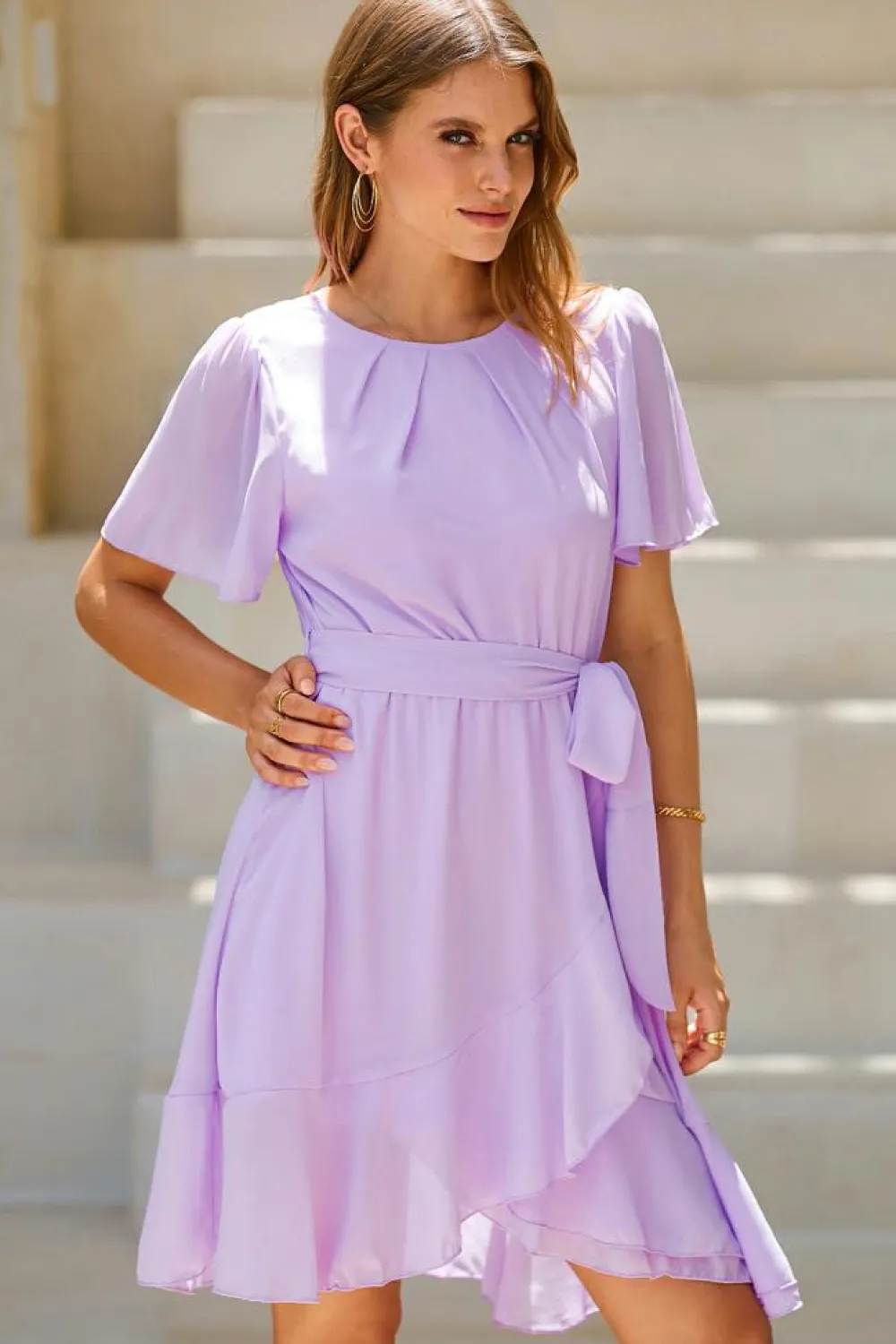 New Dear-Lover Pleated Round Neck Butterfly Sleeve Ruffle Trim Belted Mini Dress Light Pink