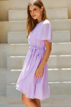 New Dear-Lover Pleated Round Neck Butterfly Sleeve Ruffle Trim Belted Mini Dress Light Pink
