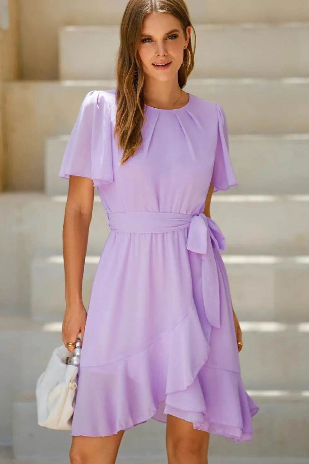 New Dear-Lover Pleated Round Neck Butterfly Sleeve Ruffle Trim Belted Mini Dress Light Pink