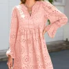 Outlet Dear-Lover Pointelle Drawstring Notch V Neck Loose Fit Mini Dress Light Pink