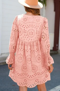 Outlet Dear-Lover Pointelle Drawstring Notch V Neck Loose Fit Mini Dress Light Pink