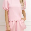 Clearance Dear-Lover Puff Sleeve Pearl Embellished Scallop Trim Top 2 Piece Skort Set Light Pink