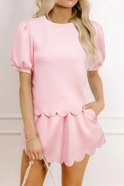 Clearance Dear-Lover Puff Sleeve Pearl Embellished Scallop Trim Top 2 Piece Skort Set Light Pink