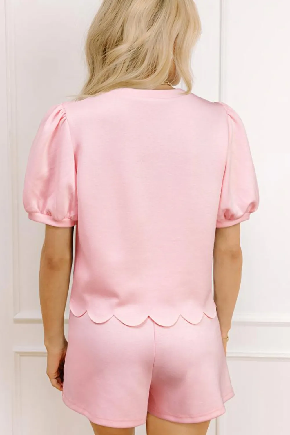 Clearance Dear-Lover Puff Sleeve Pearl Embellished Scallop Trim Top 2 Piece Skort Set Light Pink