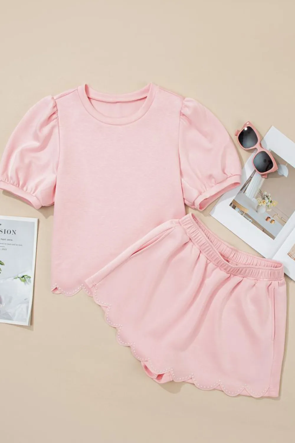Clearance Dear-Lover Puff Sleeve Pearl Embellished Scallop Trim Top 2 Piece Skort Set Light Pink
