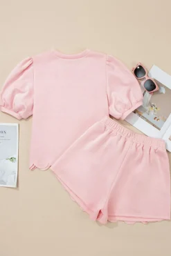 Clearance Dear-Lover Puff Sleeve Pearl Embellished Scallop Trim Top 2 Piece Skort Set Light Pink