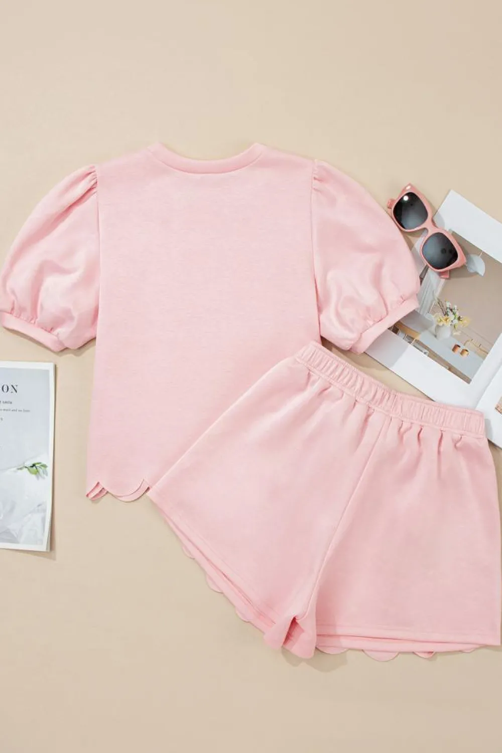 Clearance Dear-Lover Puff Sleeve Pearl Embellished Scallop Trim Top 2 Piece Skort Set Light Pink