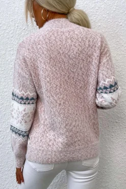 Fashion Dear-Lover Retro Snowflake Pattern Mock Neck Fuzzy Sweater Light Pink