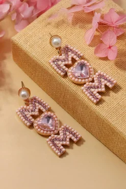 Discount Dear-Lover Rhinestone Beaded Heart MOM Earrings Light Pink
