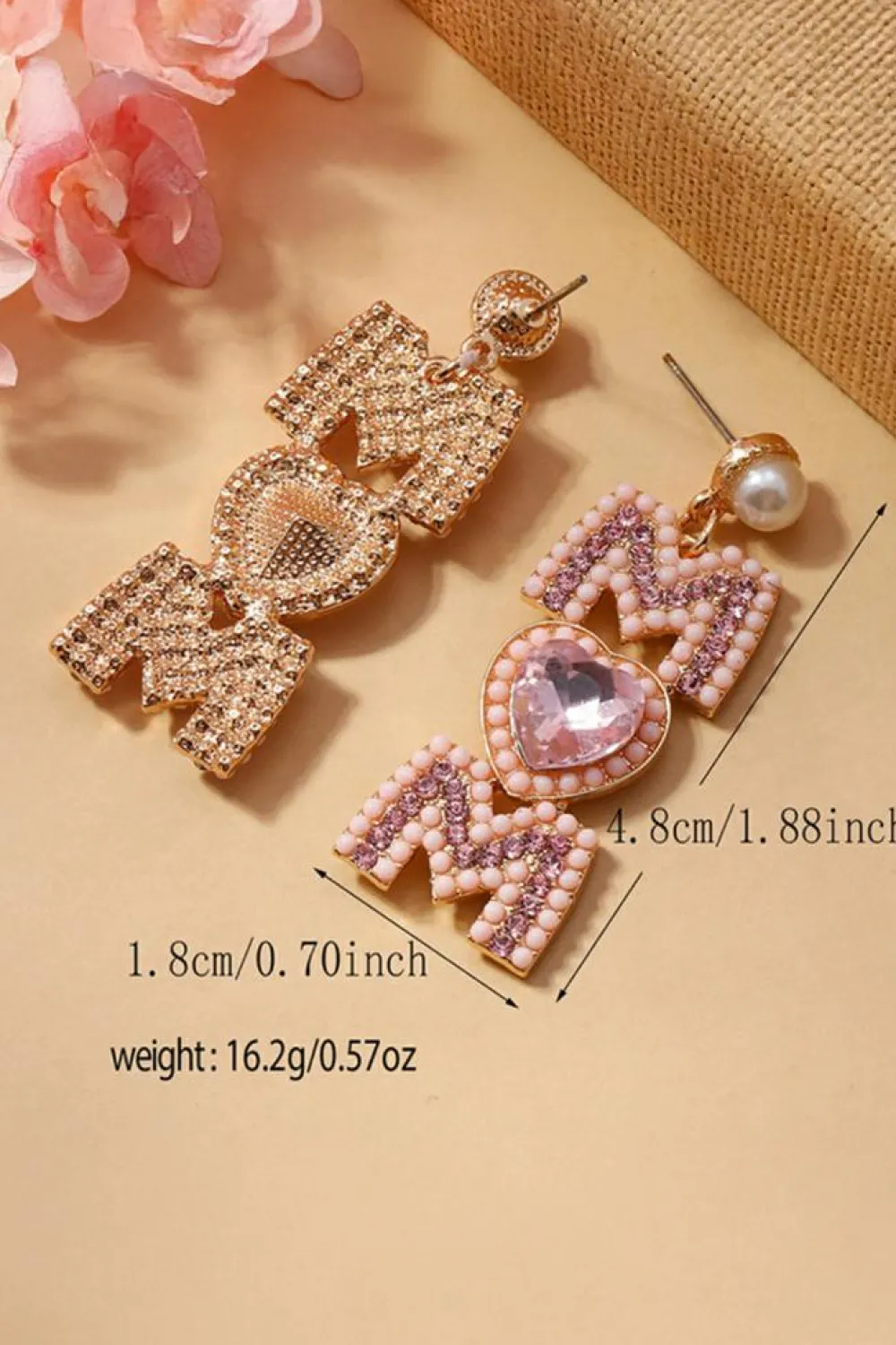 Discount Dear-Lover Rhinestone Beaded Heart MOM Earrings Light Pink