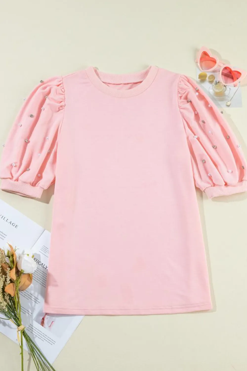 Hot Dear-Lover Rhinestone Pearl Puff Half Sleeve Top Light Pink