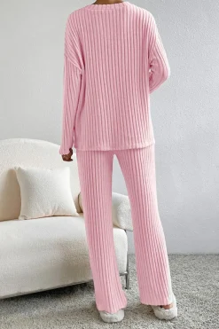 Discount Dear-Lover Ribbed Knit V Neck Slouchy Two-piece Outfit Light Pink