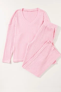 Discount Dear-Lover Ribbed Knit V Neck Slouchy Two-piece Outfit Light Pink