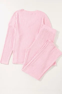 Discount Dear-Lover Ribbed Knit V Neck Slouchy Two-piece Outfit Light Pink