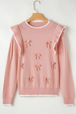 Online Dear-Lover Ruffled Bowknot Ribbed Trim Long Sleeve Sweater Light Pink