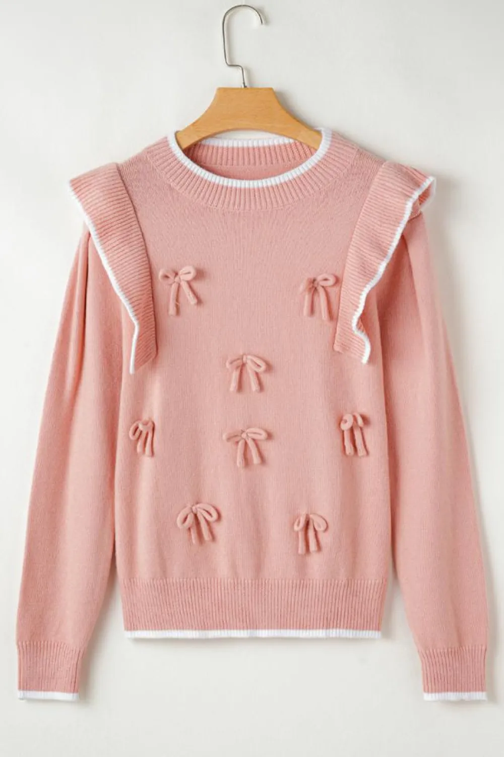 Online Dear-Lover Ruffled Bowknot Ribbed Trim Long Sleeve Sweater Light Pink