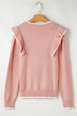 Online Dear-Lover Ruffled Bowknot Ribbed Trim Long Sleeve Sweater Light Pink