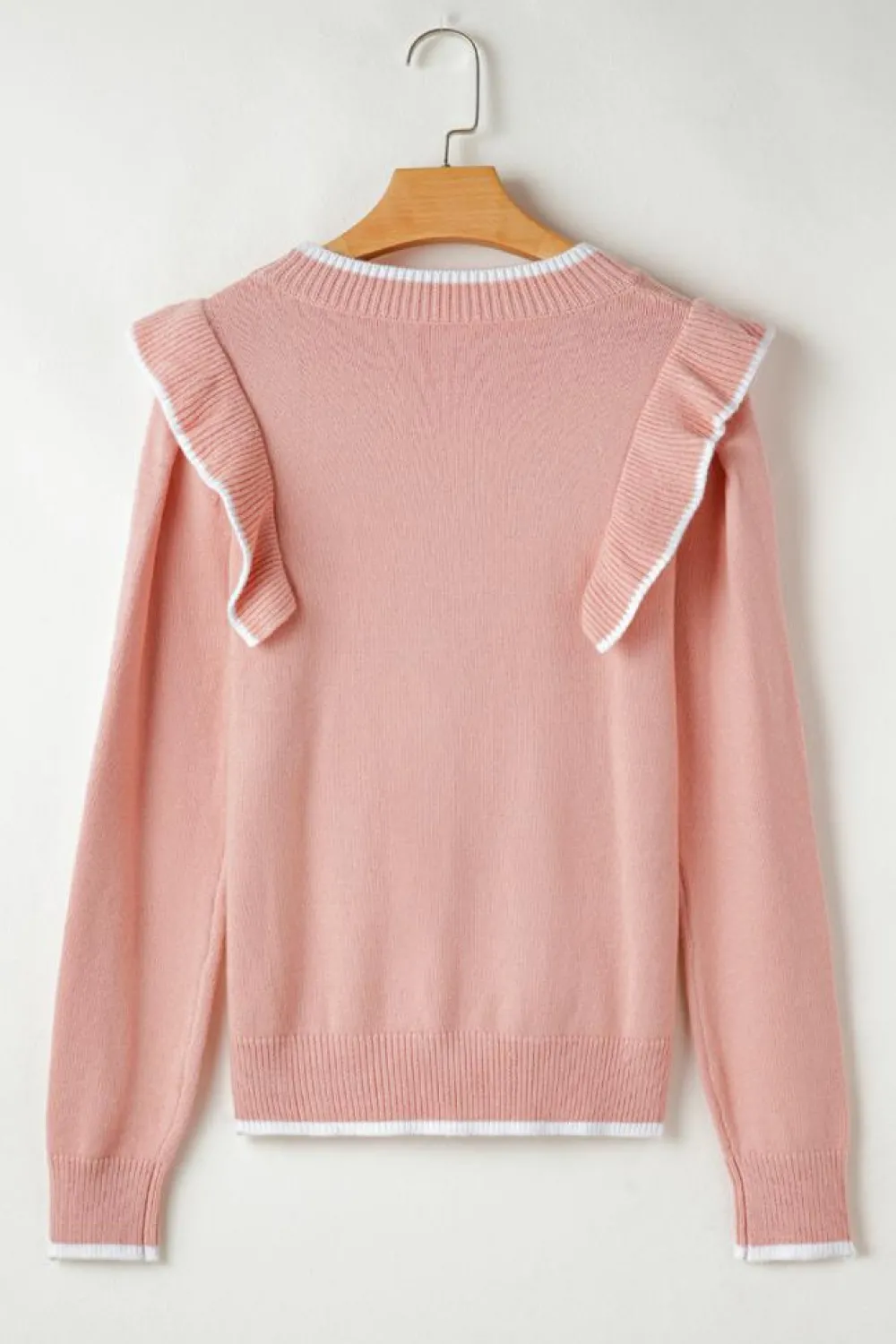 Online Dear-Lover Ruffled Bowknot Ribbed Trim Long Sleeve Sweater Light Pink